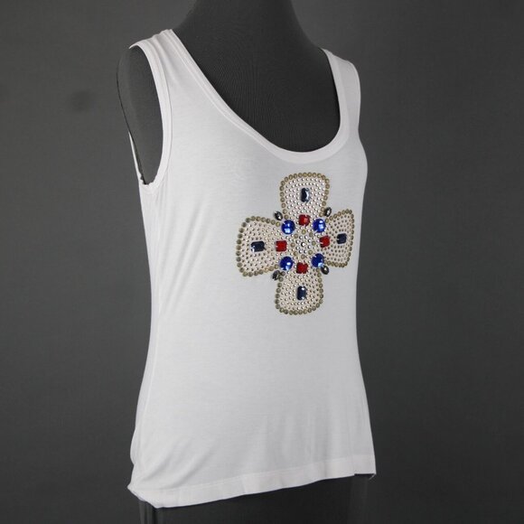 St John Jeans Sz M White Gold Studded Rhinestones Cross Rayon Spandex Tank Top - Picture 4 of 16